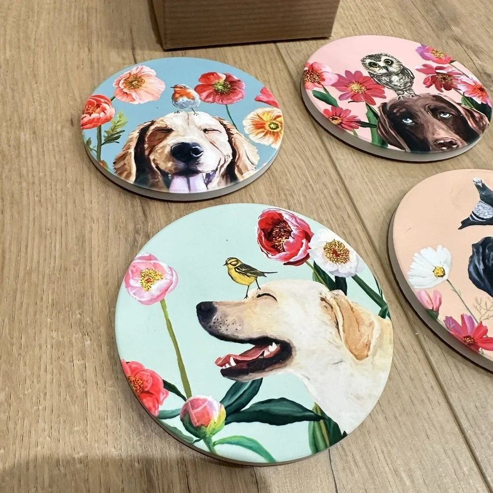 New In Box‎ Whimsical Colorful Ceramic Labrador Retriever Coaster Set 4 Handmade